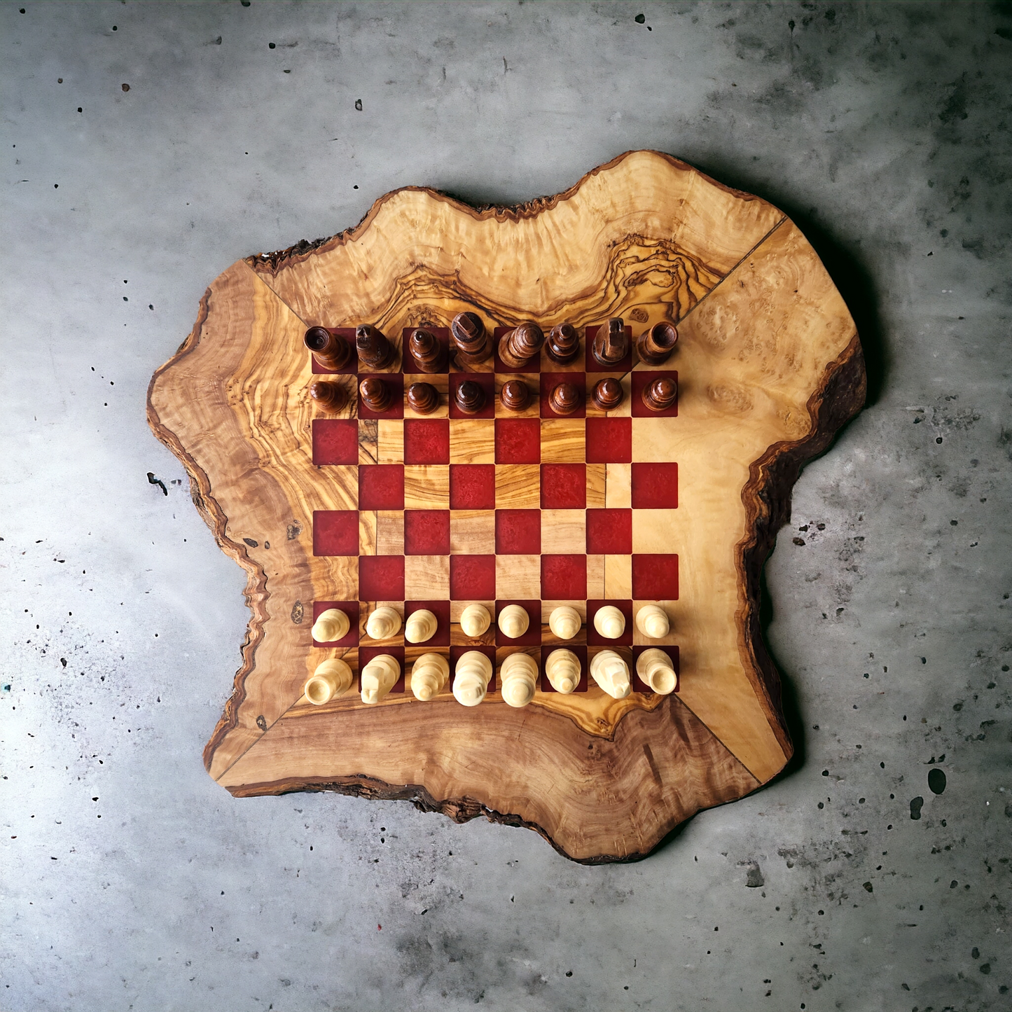 Live Edge Olive Wood & Epoxy Chess Board - 32 pieces - Red