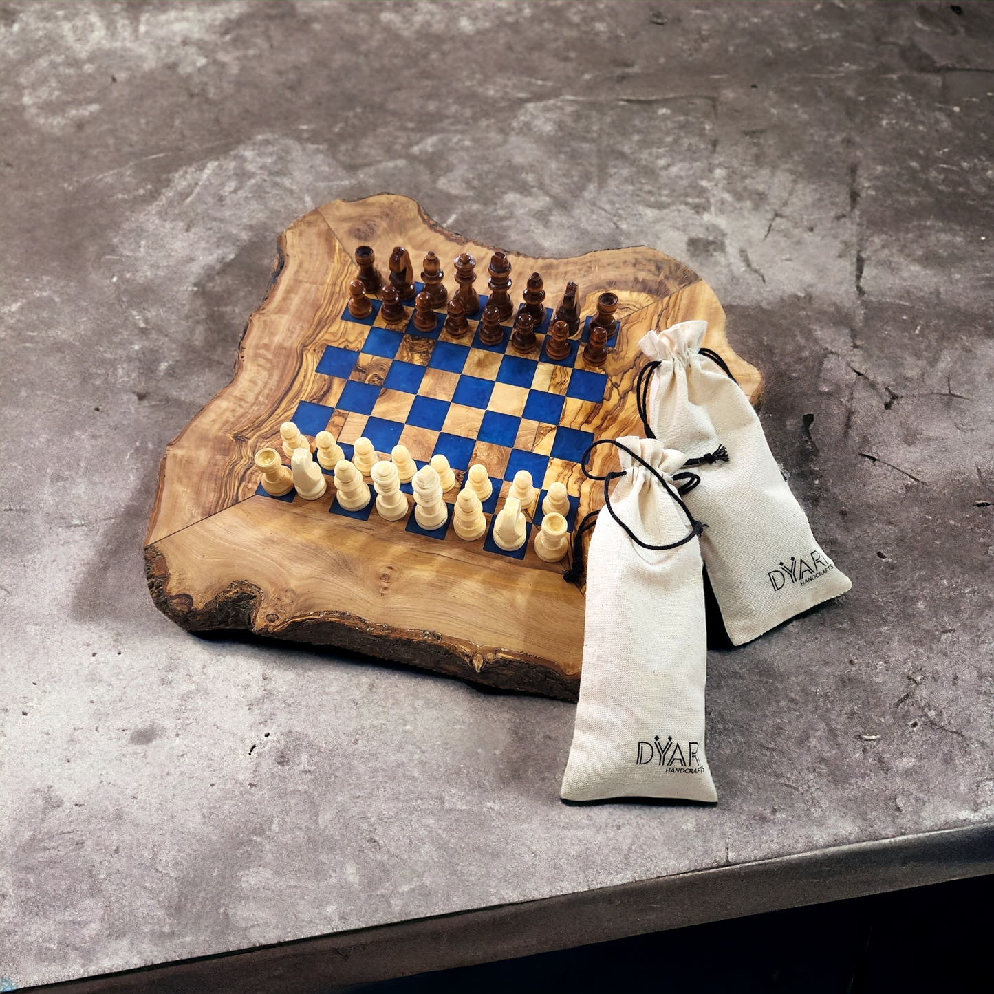 Live Edge Olive Wood & Epoxy Chess Board - 32 pieces - Blue
