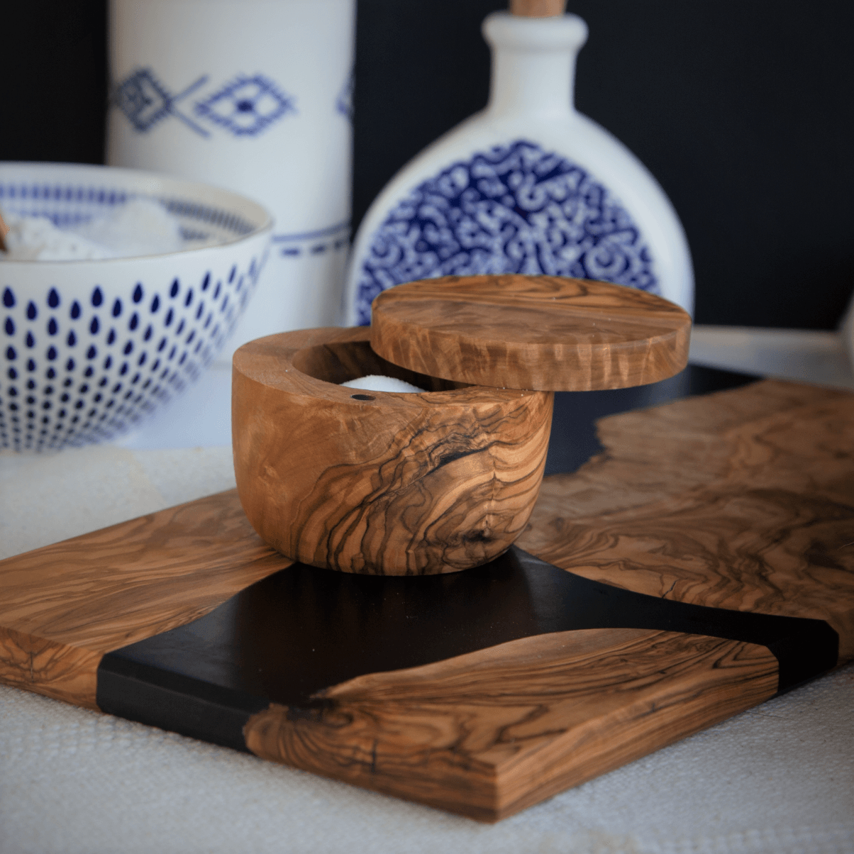 Olive Wood Salt Keeper / Cellar With Magnetic Lid - dyarihandcrafts